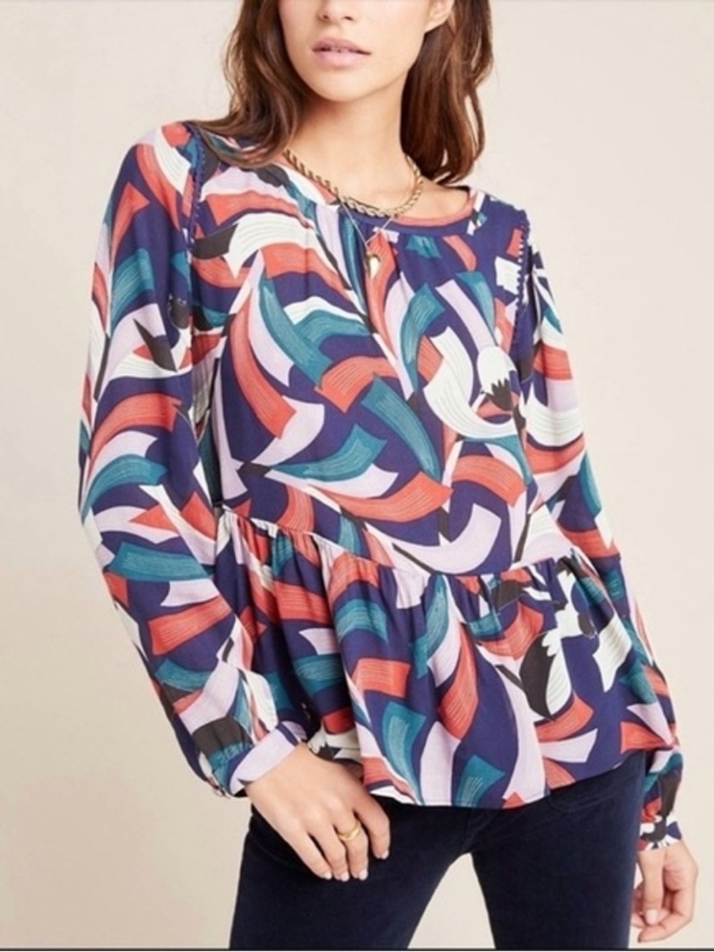 Anthropologie Multicolor Abstract Peplum Long-Sleeve Top